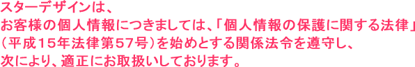 スターデザインは、お客様の個人情報につきましては、「個人情報の保護に関する法律」（平成15年法律第57号）を始めとする関係法令を遵守し、次により、適正にお取扱いしております。